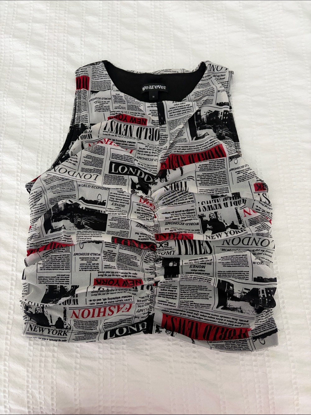 Wearever Black & White Newspaper Print Tank Top with Red Accents